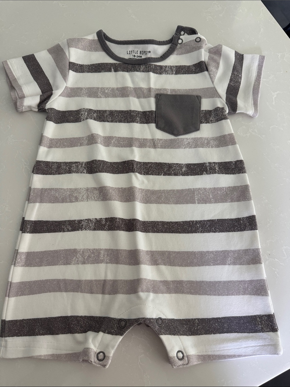 Little Bipsy White and Gray Striped Short-Sleeve Romper